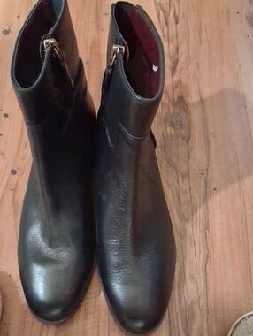 Womens Sarto Black Leather Ankle Boots with Gold Zipper Detail